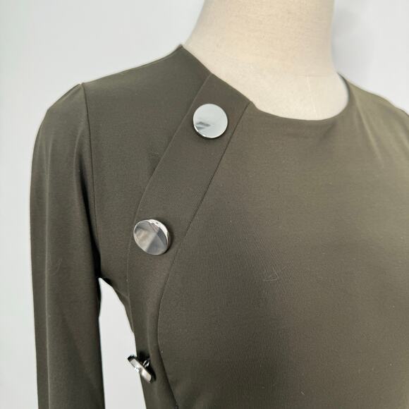 Susana Monaco Button Detail Dress Olive Green Long Sleeve Bodycon Office Size S - Picture 5 of 10